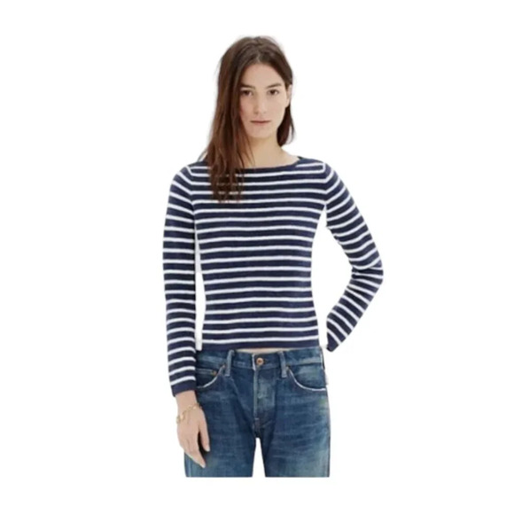 Madewell Small Striped Cropped Boatneck Shoulder Zipper Cotton Wool Sweater - Picture 1 of 14